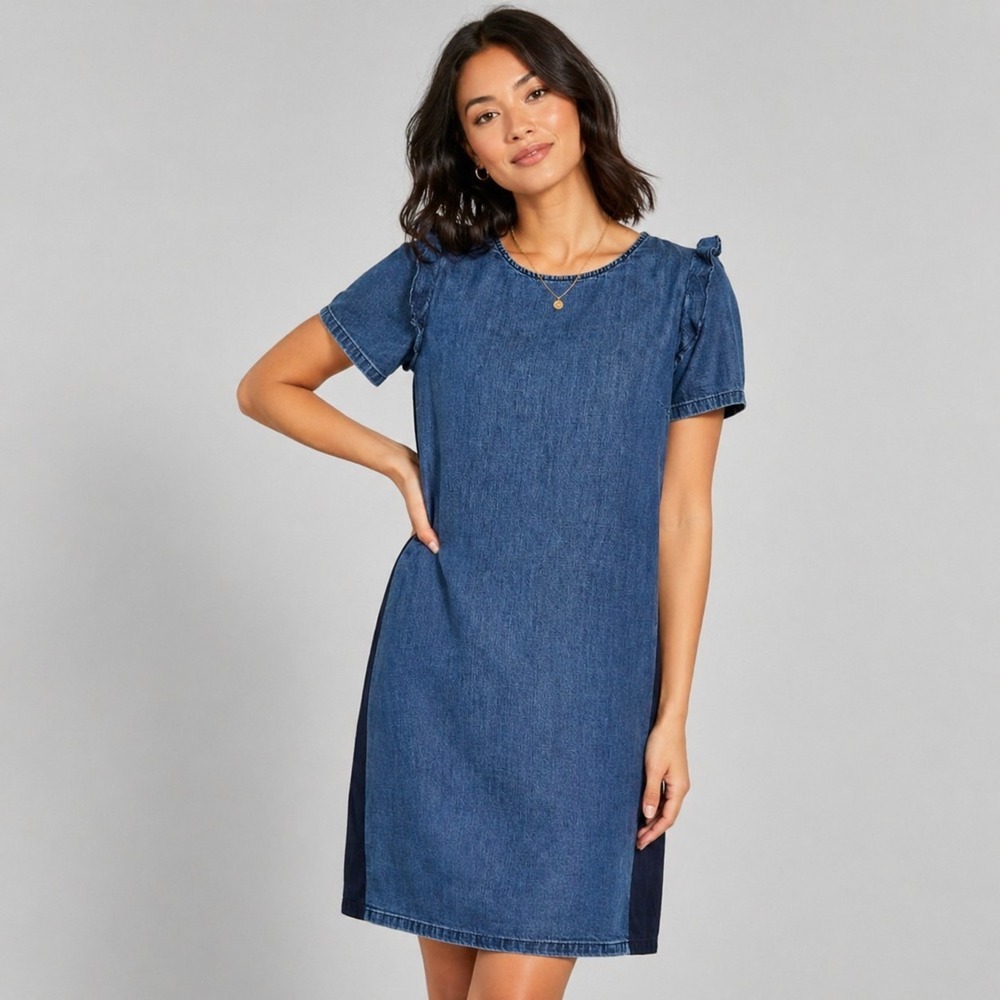 LOFT Size Small Ruffle Sleeve Keyhole Neck Lightweight Chambray Shift Dress NWT